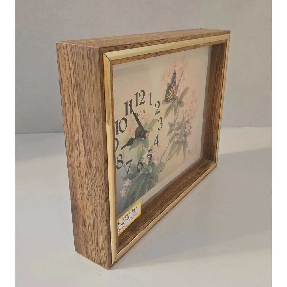 Elgin‎ Vintage MCM Butterfly Floral Mantle Tabletop Clock Wood Grain Frame Works